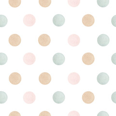 Watercolor seamless pattern cute pastel polka dot. Isolated on white background. Hand drawn clipart. Perfect for card, fabric, tags, invitation, printing, wrapping.