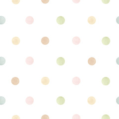 Watercolor seamless pattern pastel polka dot. Isolated on white background. Hand drawn clipart. Perfect for card, fabric, tags, invitation, printing, wrapping.