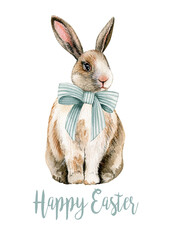 Watercolor easter card with cute rabbit. Isolated on white background. Hand drawn clipart. Perfect for card, postcard, tags, invitation, printing, wrapping.