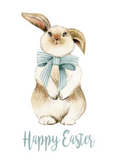 Watercolor easter card with cute bunny. Isolated on white background. Hand drawn clipart. Perfect for card, postcard, tags, invitation, printing, wrapping.