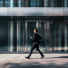Businessman running near bank building