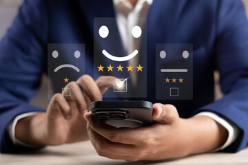 Customer service survey,User give rating of best excellent service rating experience on online application,Client review satisfaction feedback,Consumers give ranking of services quality and reputation - obrazy, fototapety, plakaty