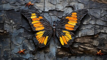 A painted butterfly on a textured tree bark.