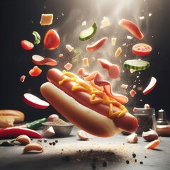 hot dog with mustard and ketchup fluying - obrazy, fototapety, plakaty