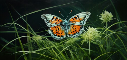 A painted butterfly perched delicately on a blade of lush green grass.