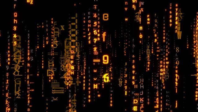 Abstract loop glow falling orange random digital number text matrix style on black background animation. I
