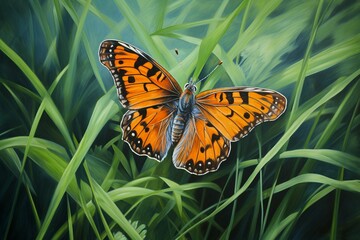 A painted butterfly perched delicately on a blade of lush green grass.