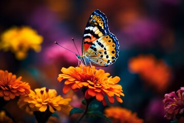 A painted butterfly perched delicately on a colorful wildflower.
