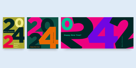 2024 Year. Happy New Year 2024 and Merry Christmas. Background Number 2024 in the Green, Black, Rink, Orange Colors. Abstract Vector Illustration for Social Media, Poster, Banner, Cover.