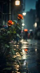 Rain-Soaked Blooms Reflecting a Couple's Heartbreak in the Night.