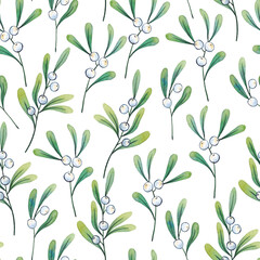 Seamless pattern of branches with berries. Botanical watercolor illustration.