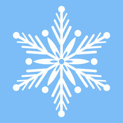 White snowflake on a blue background. Snowflake vector icon. Snowflake template. Christmas and New Year logo. Winter silhouette of snowflakes. For Christmas design and decorations.