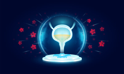 Immunity system protect medical. Bladder human organ inside transparent bubble dome shield floating on medical cross symbols. Anti germ defence and protection virus bacteria penetrating cells. Vector.