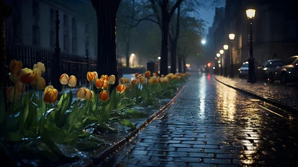 Zelfklevend Fotobehang A Night Scene in the City Depicting a Couple's Breakup with Flowers Adorning the Wet Roads. © ShadowHero