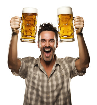 Happy Man Holding Two Beer Mugs Isolated on Transparent Background
