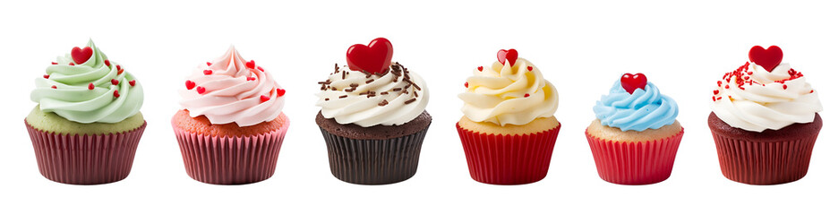 For Valentine’s Day: Set of Many Assorted Different Flavoured Cupcakes and Muffins with Heart on Top - Mockup Template for Artwork Design, Isolated on Transparent Background, PNG