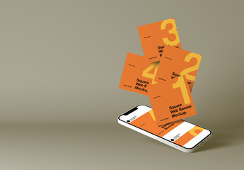 Social Media Square Web Banners Mockup With Cellphone