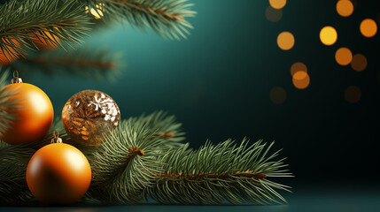Christmas composition, dark green and gold. Christmas tree branches and baubles on dark green background. Happy holidays. New year minimal concept.