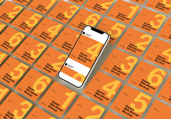 Social Media Square Web Banners Mockup With Cellphone