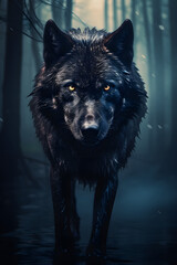 Black Wolf in the Shadows with Piercing Eyes, Ground Fog, and a Dark Forest Background - A Majestic and Mysterious Night Scene.