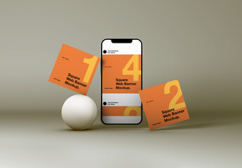 Social Media Square Web Banners Mockup With Cellphone