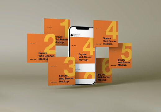 Social Media Square Web Banners Mockup With Cellphone