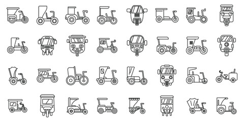 Trishaw icons set outline vector. Bike indian transport. Bicycle vehicle taxi