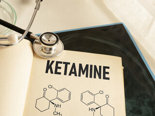Ketamine is shown using the text and chemical model of formula of medical drug