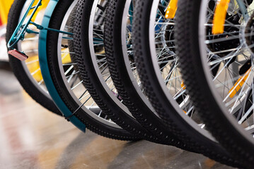 Modern bicycles in the sports shop.