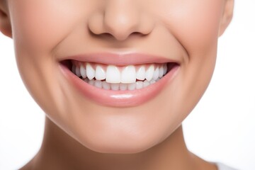 Portrait of a beautiful young model woman smiling with perfectly clean teeth, used for a dental ad, isolated on a white background