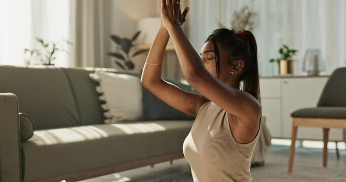 Yoga, breathing or Indian woman in prayer meditation in home for wellness, mindfulness or balance. Mental health, relax or zen female person in pilates for chakra energy, peace or holistic healing
