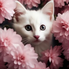 a white kitten peeks out from pink flowers.