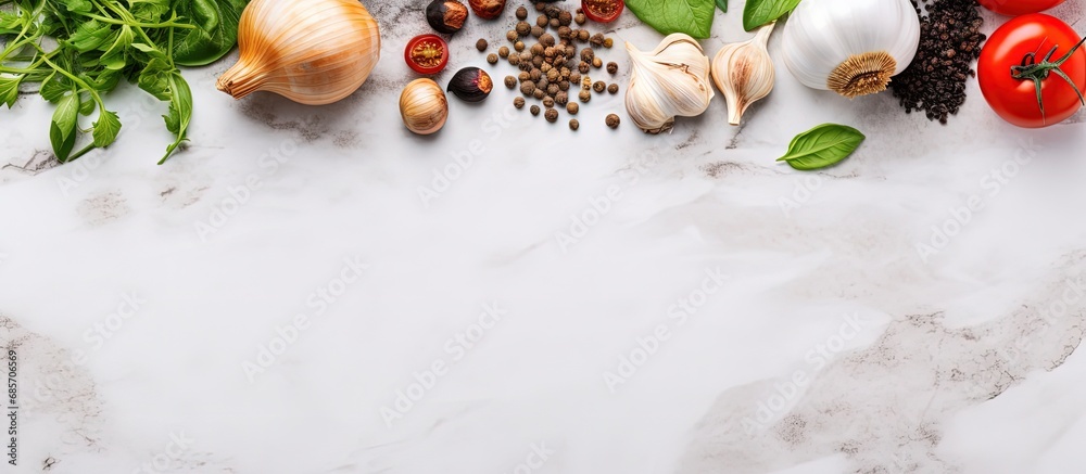 Poster cooking ingredients spices black pepper garlic onion with greens and tomatoes on a white stone table