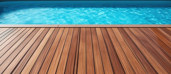 Covered outdoor swimming pool with teakwood deck and striped flooring around blue water pool Copy space image Place for adding text or design