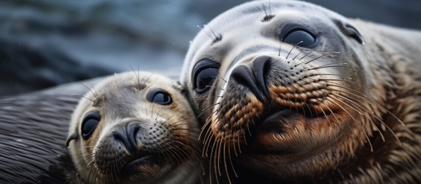 Antarctic fur seal and its baby sharing a kiss Copy space image Place for adding text or design