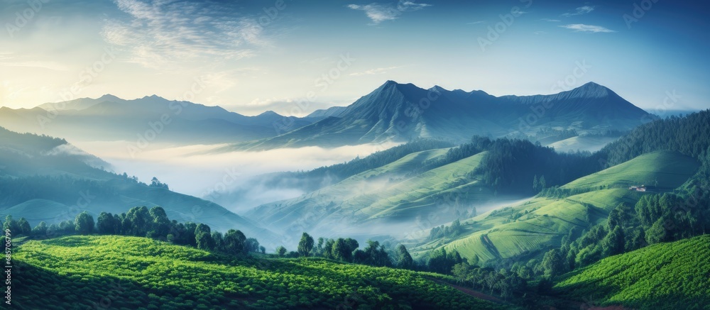 Poster beautiful sunrise in the mountains nature view from kolukkumalai munnar kerala concept image copy sp