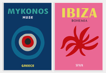 Retro Travel Poster Colorful Wall Home Art, Mykonos Print, - obrazy, fototapety, plakaty