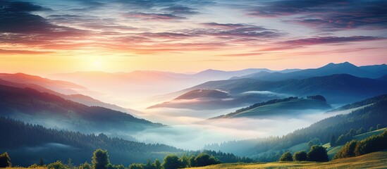 Artistic post processed photo of a beautiful mountain valley during a foggy summer sunrise in the Carpathian mountains representing the concept of the beauty of nature Copy space image Place fo