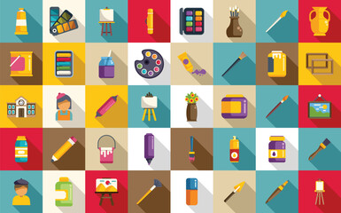 Painting studio icons set flat vector. Painter cloth artwork. Person palette