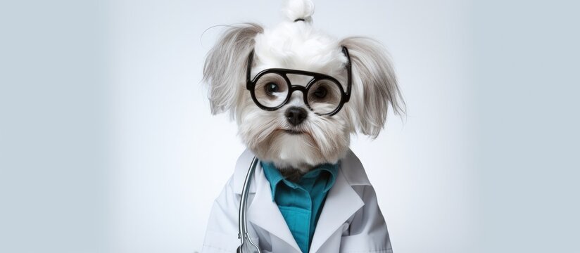 Dog in doctor or vet costume isolated on white background Copy space image Place for adding text or design