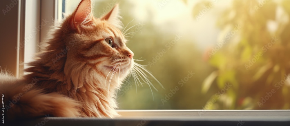Poster Cute red cat observing from scratching tower Copy space image Place for adding text or design