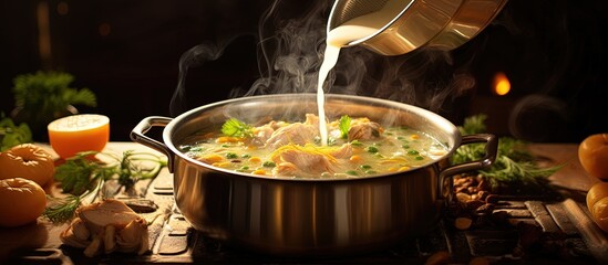Chef adds broth to chicken noodle soup with meat and veggies Copy space image Place for adding text or design