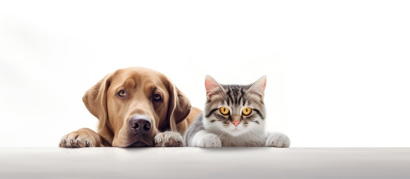 Cat and dog friends isolated on white Animal life friendship peace Advertisement design Copy space image Place for adding text or design