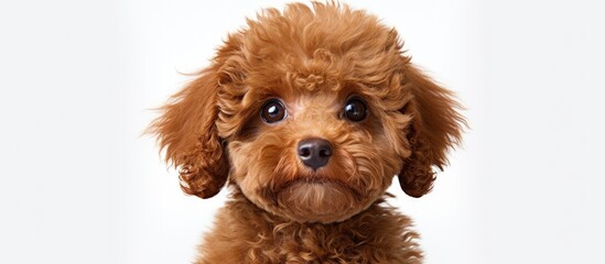 Brown poodle on white backdrop Copy space image Place for adding text or design