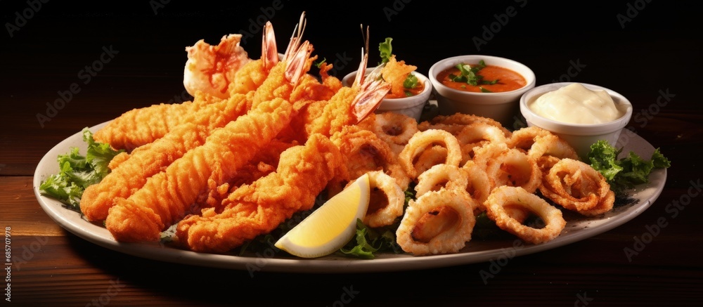 Poster Assorted fried seafood platter Copy space image Place for adding text or design