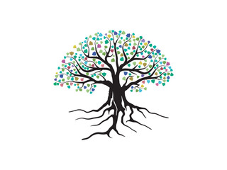 Ancient Banyan tree  logo vector illustrations, hand drawn art isolated 