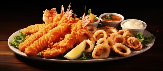 Assorted fried seafood platter Copy space image Place for adding text or design