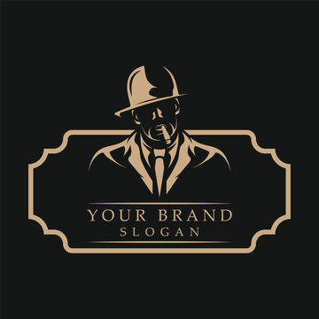 mafia logo with abstract silhouette character of man wearing hat and smoking