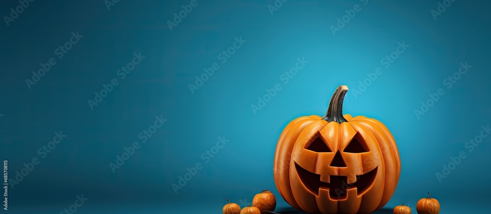 Poster blue background with a creative halloween concept and kids pumpkin craft copy space image place for 
