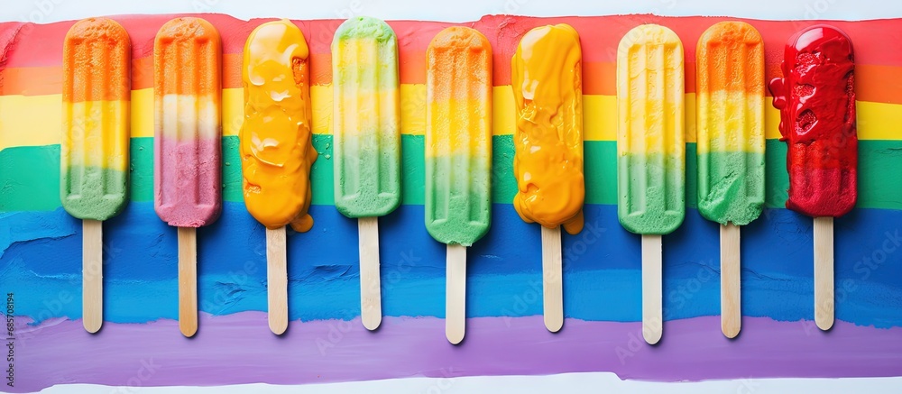 Aufkleber DIY concept Celebrating LGBTQ rights with a colorful rainbow on ice cream sticks in June Copy space image Place for adding text or design